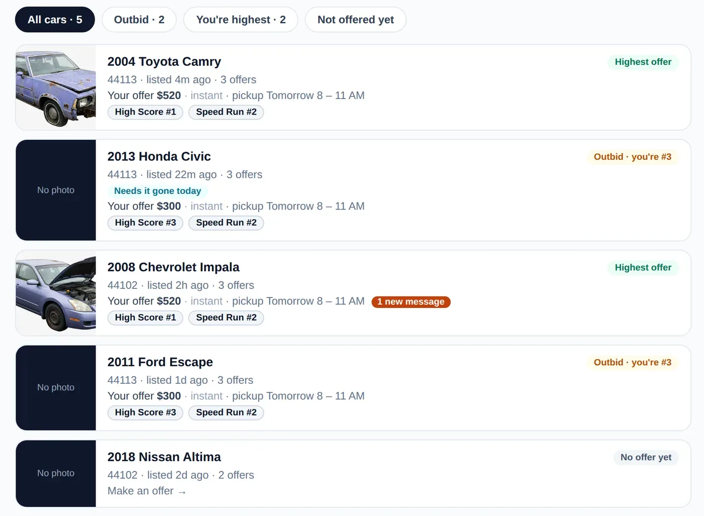 The Cars for sale page, with each car's bid, rank and pickup time