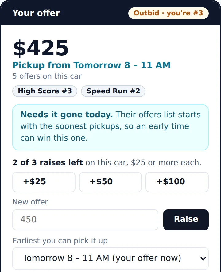 The bid box on a car's page